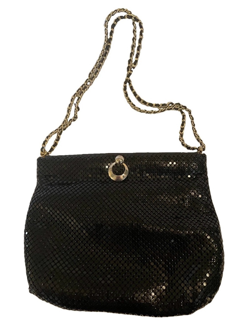Whiting & Davis Black Sequin Shoulder Bag with Gold Chain